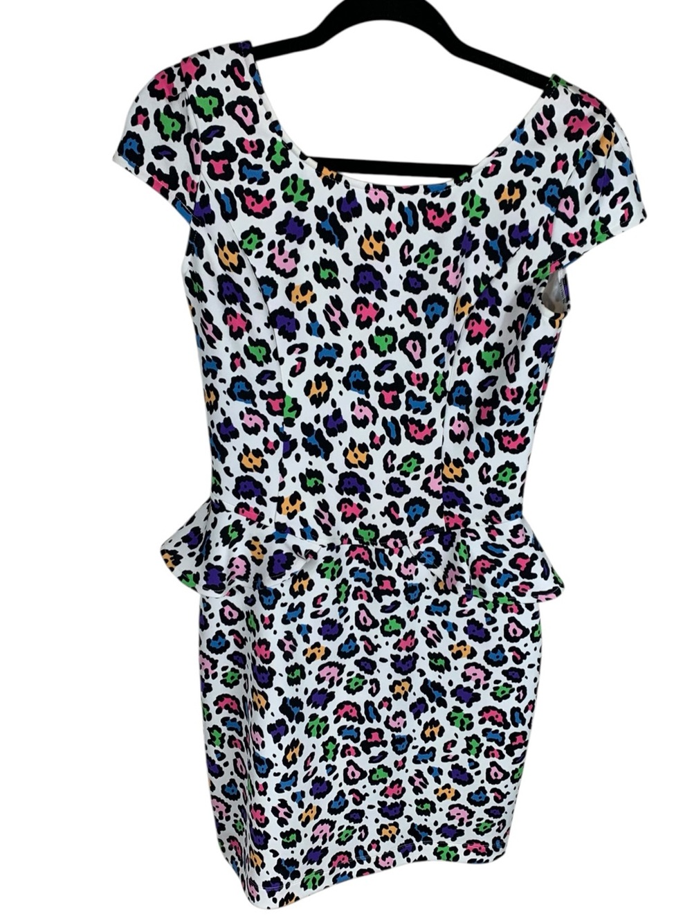 Betsey Johnson Purr-ty Animal Rainbow Leopard Print Peplum Dress 6 ASO Aria PLL